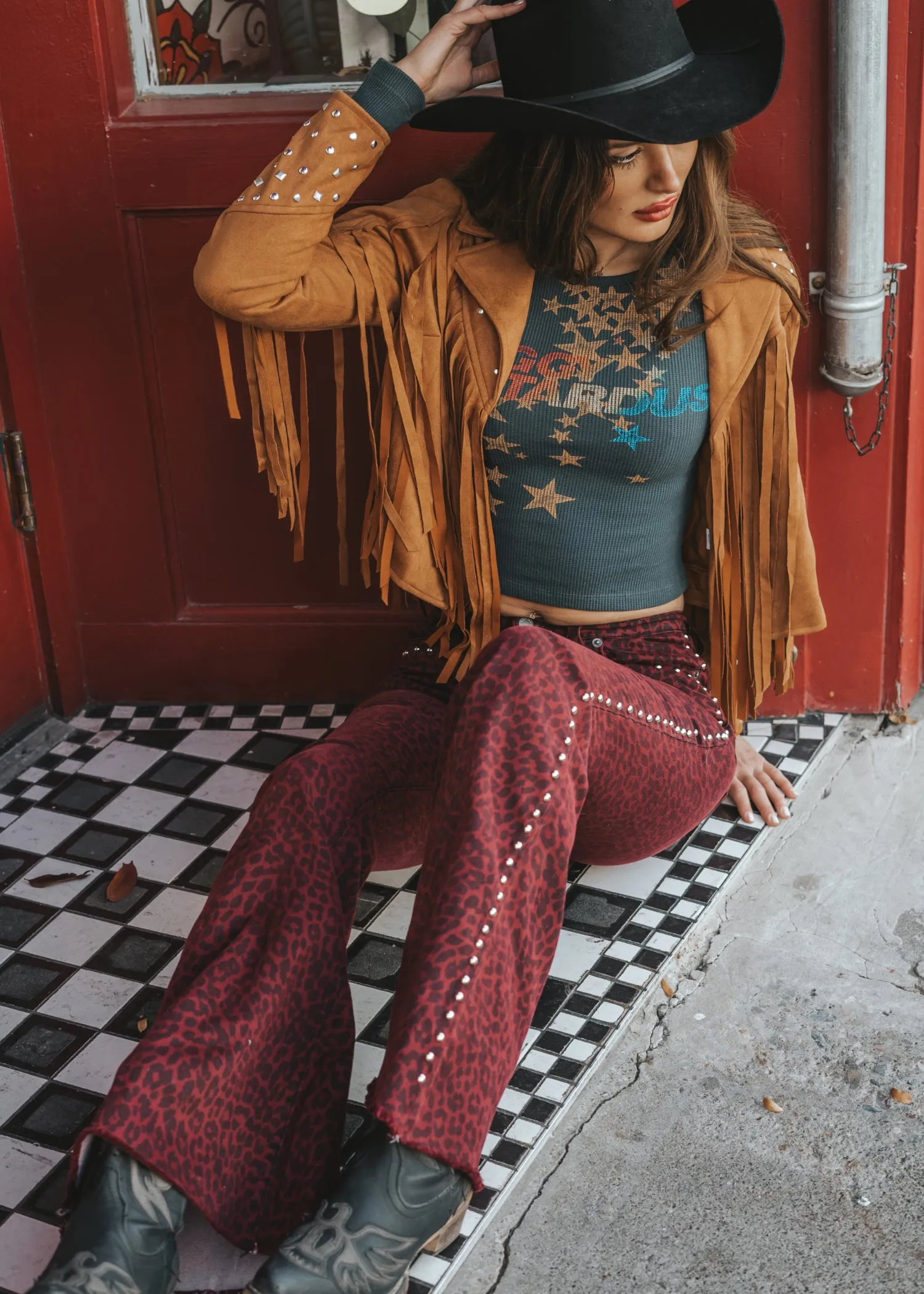 Night Tales Red Leopard Studded Bell Bottoms