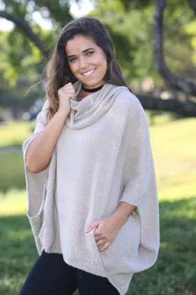 Oatmeal Poncho Cowl Neck Sweater