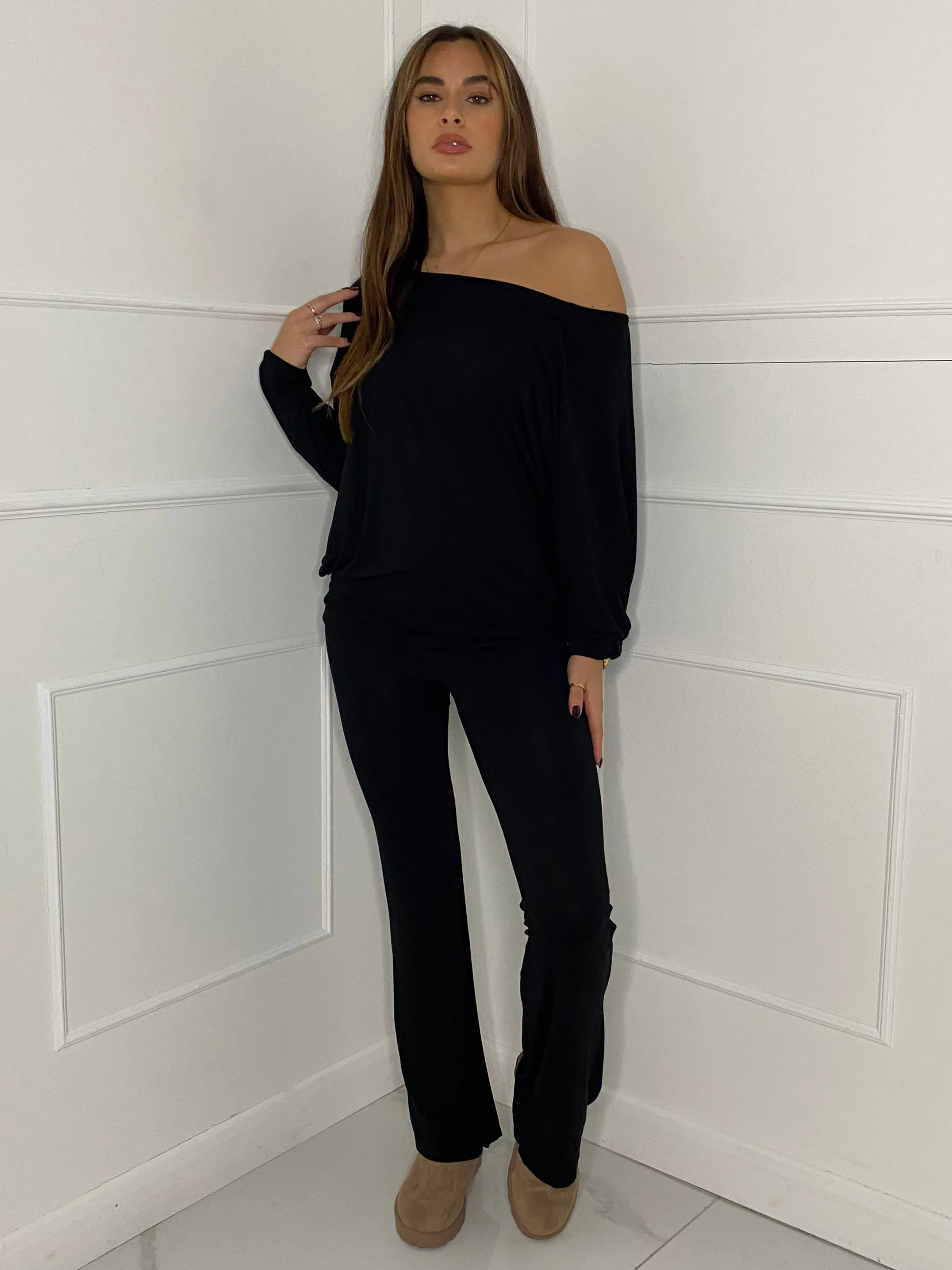 Off Shoulder Flared Slinky Loungeset - Black