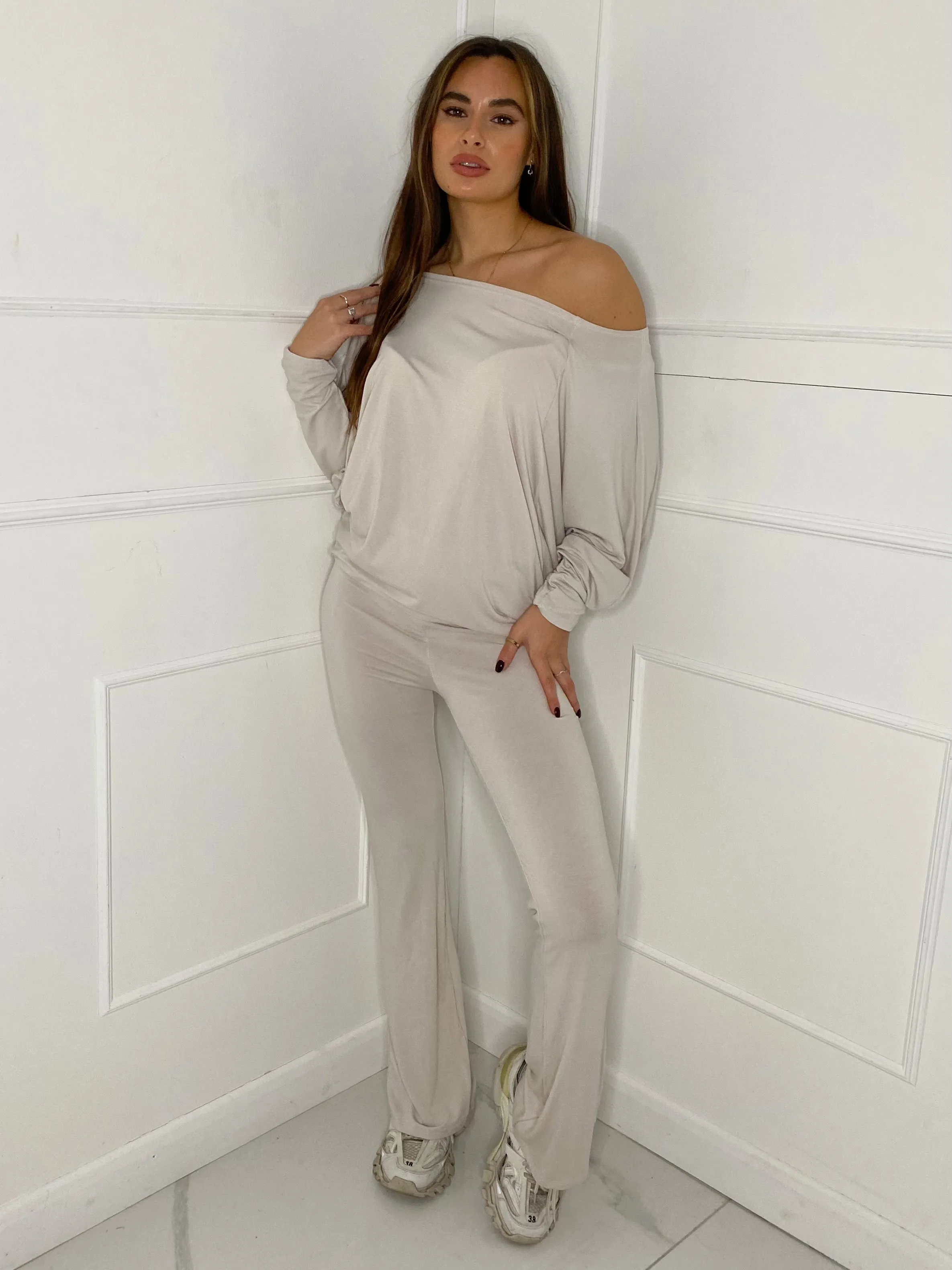 Off Shoulder Flared Slinky Loungeset - Cream