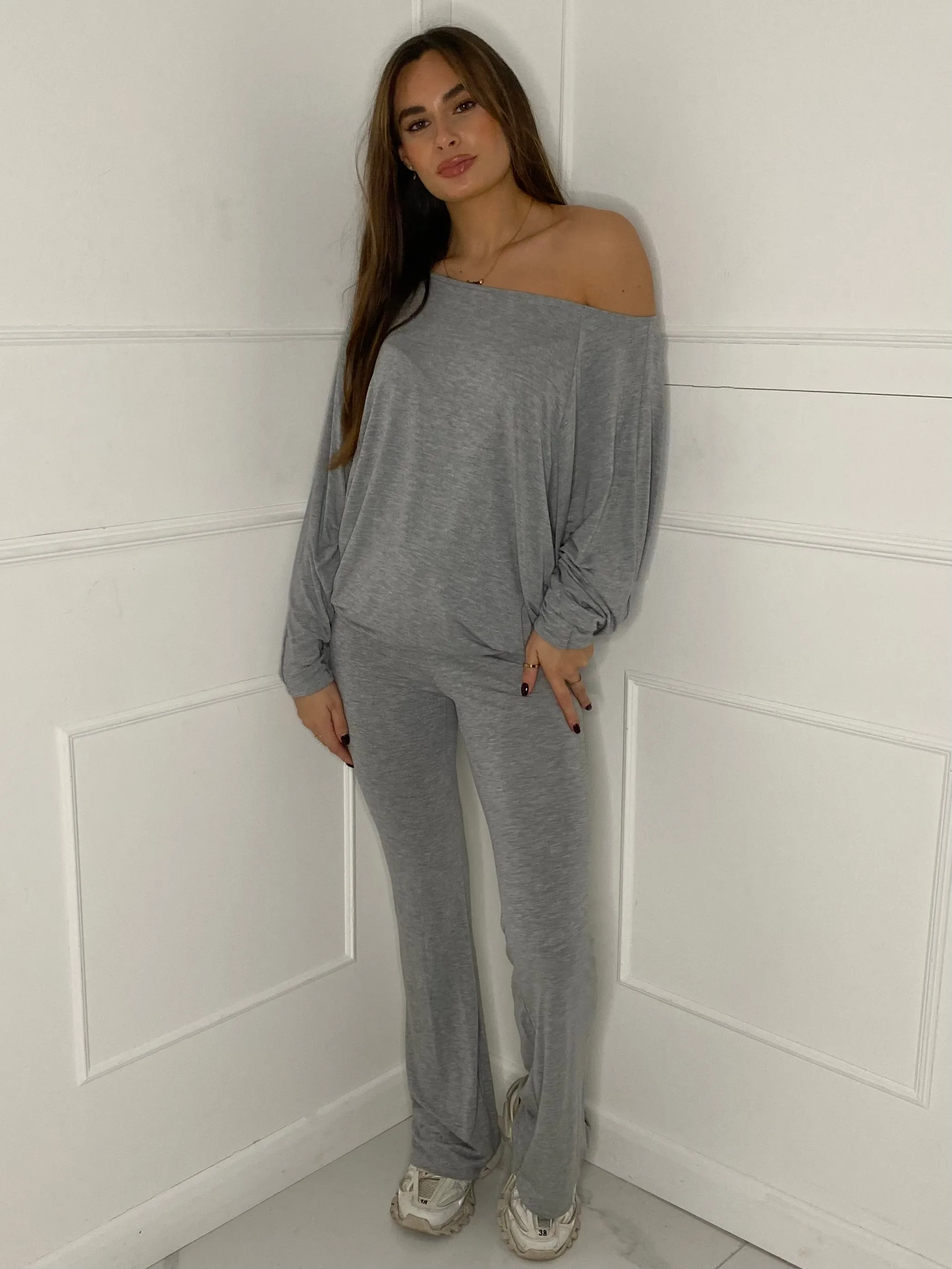 Off Shoulder Flared Slinky Loungeset - Grey