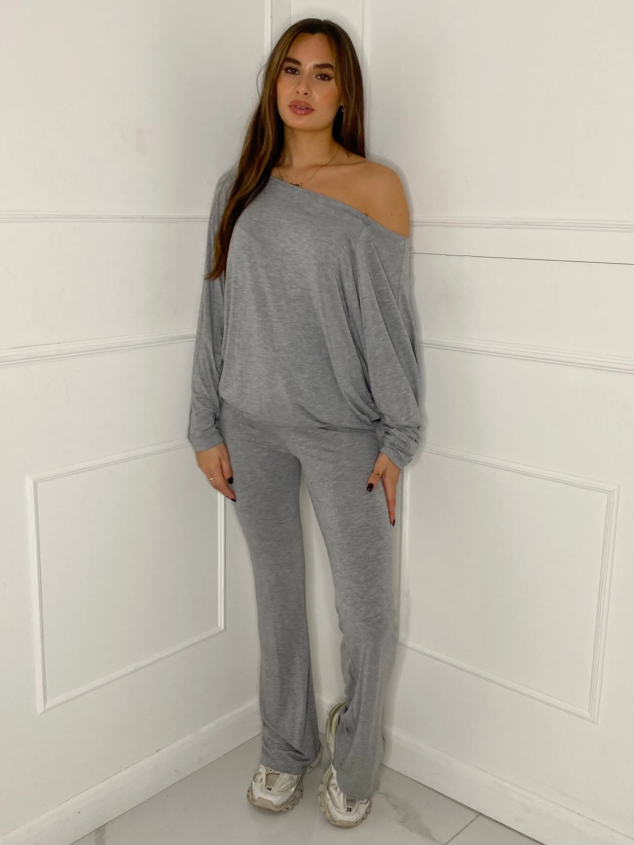 Off Shoulder Flared Slinky Loungeset - Grey