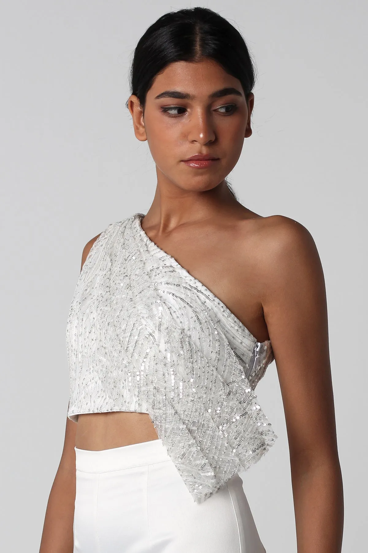 Off White Sequined Draped Top