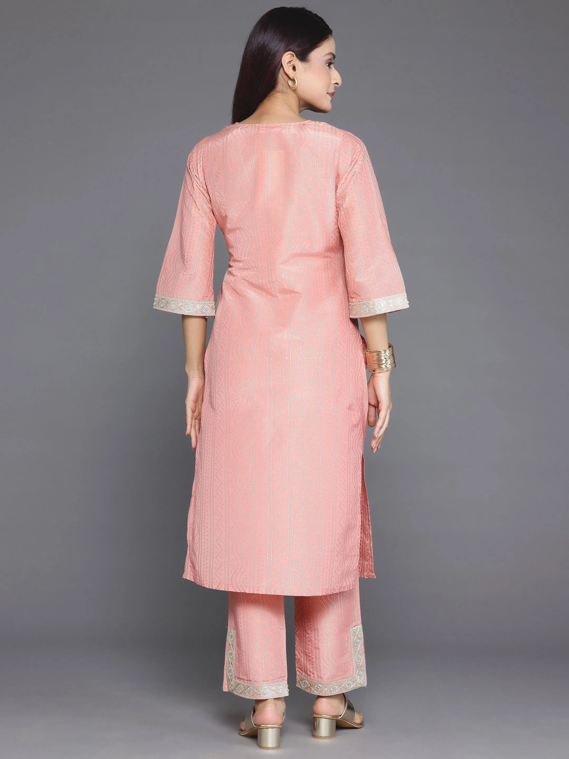 Peach Printed Silk Blend Straight Kurta Set