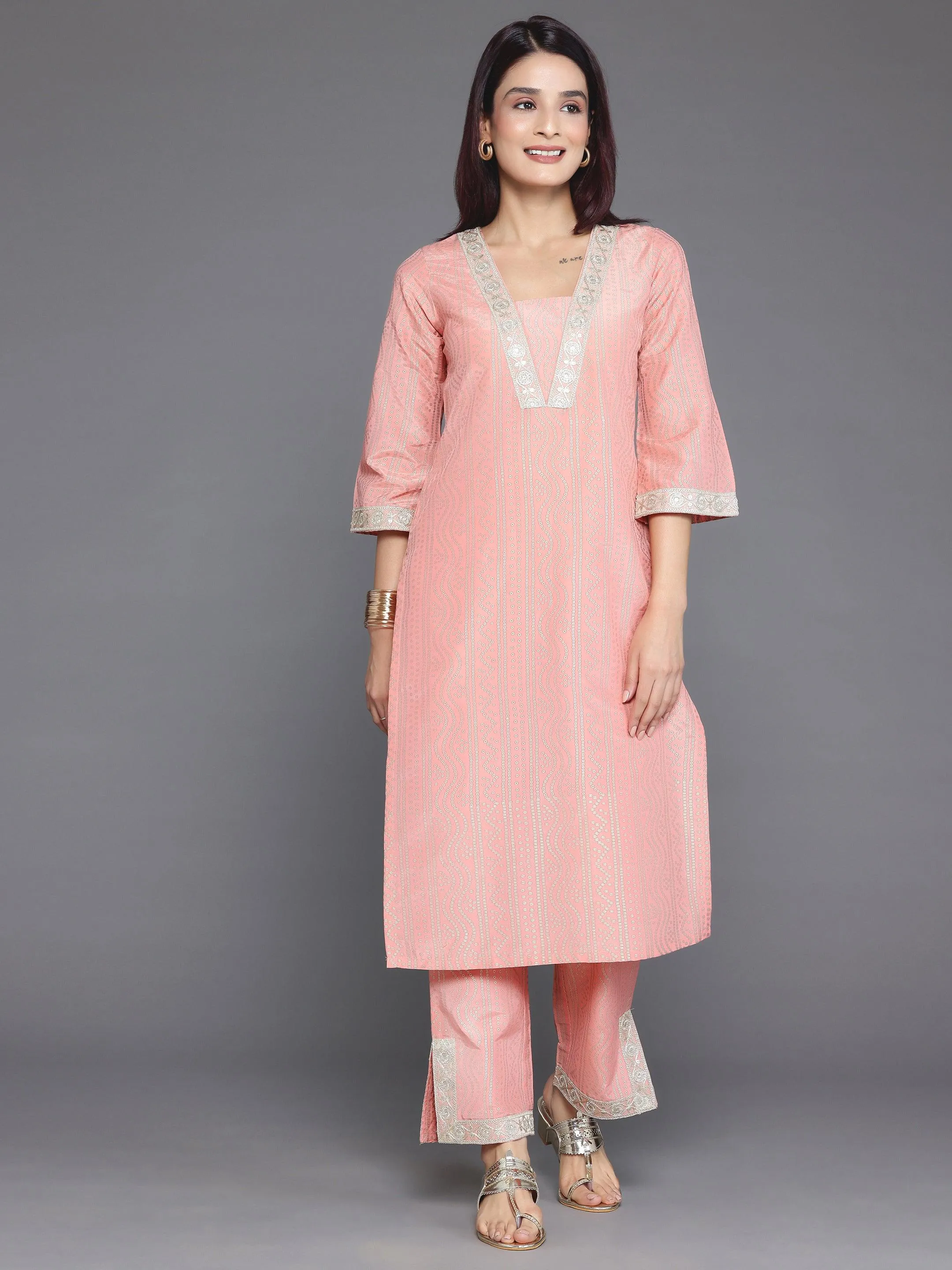 Peach Printed Silk Blend Straight Kurta Set