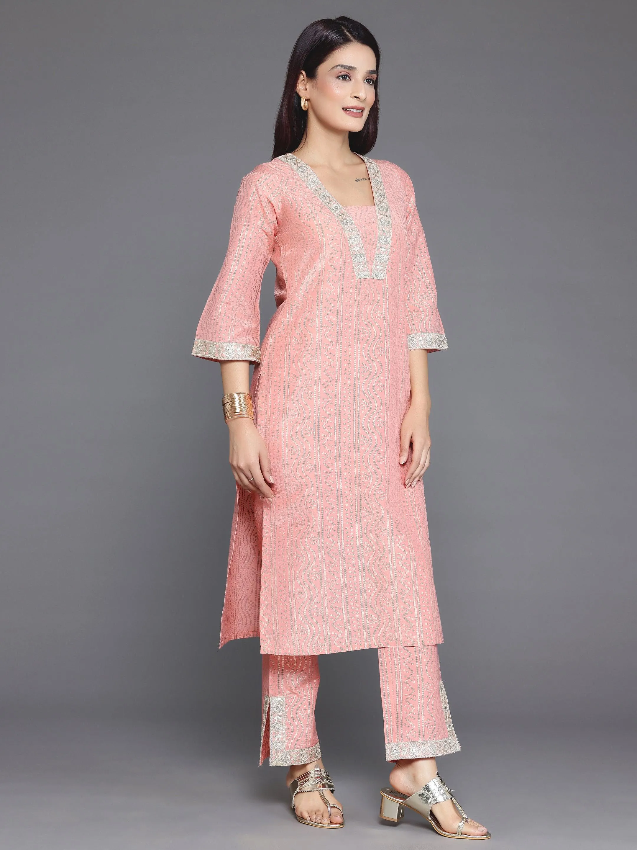 Peach Printed Silk Blend Straight Kurta Set