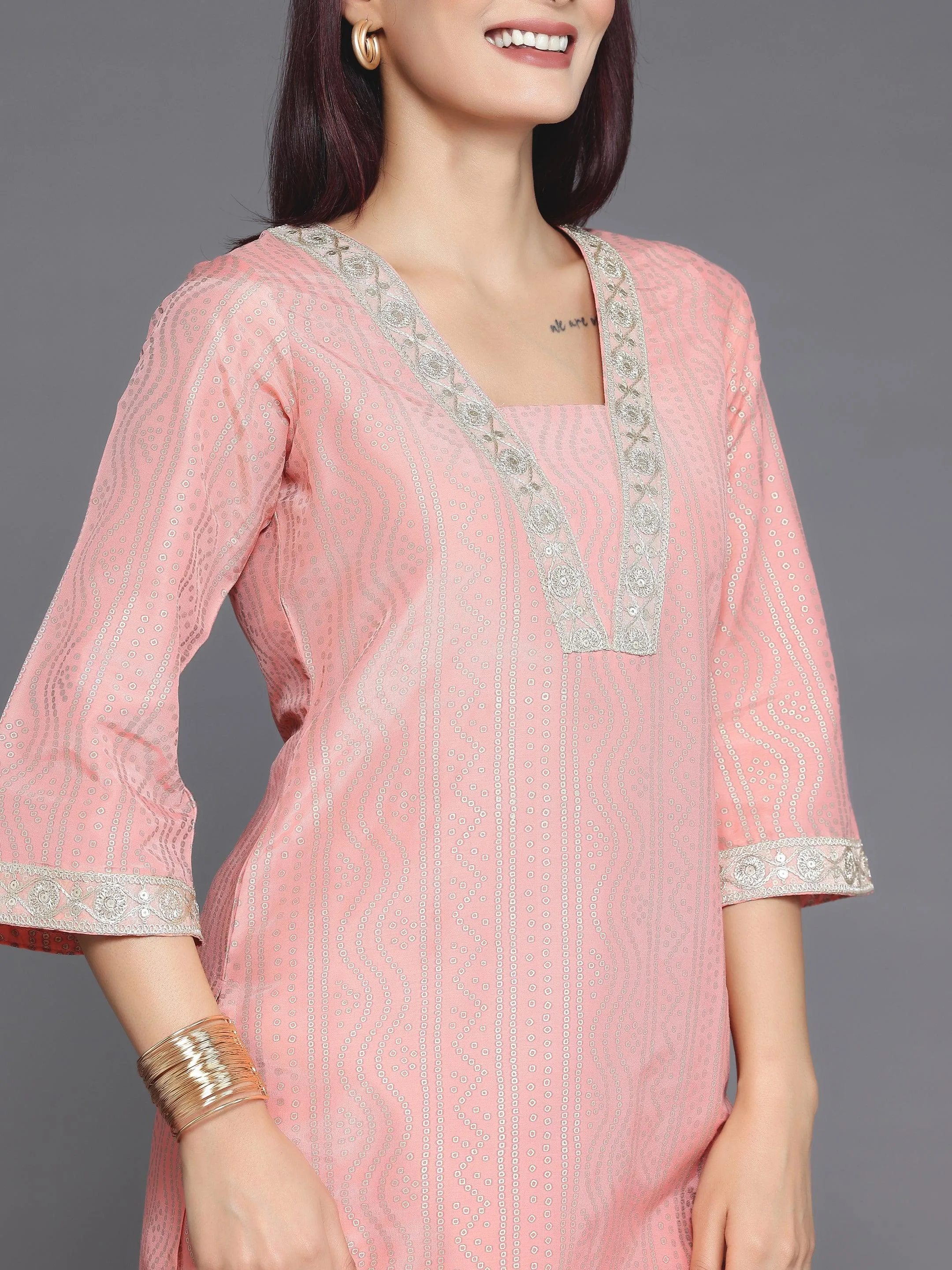 Peach Printed Silk Blend Straight Kurta Set