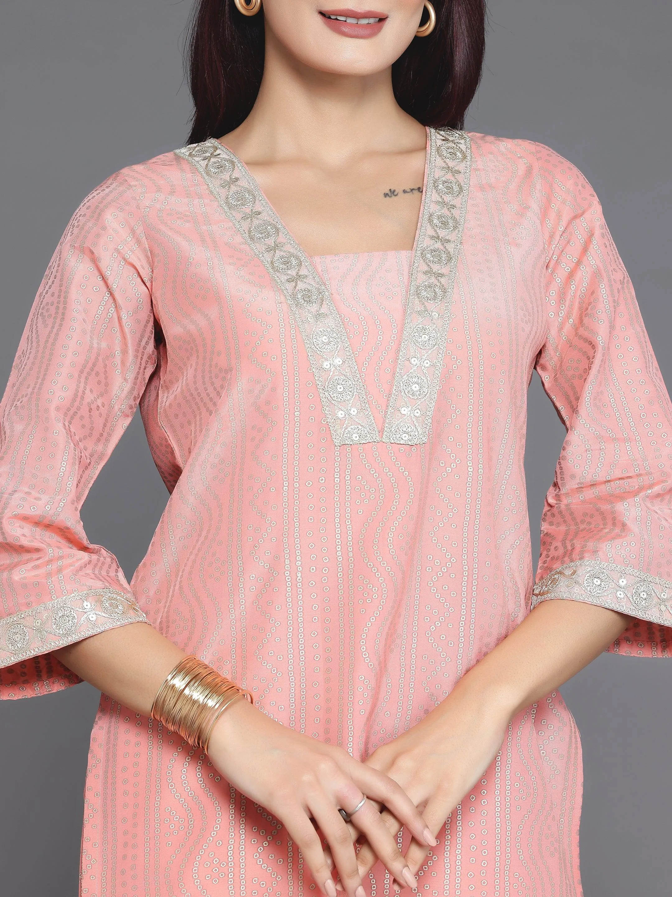 Peach Printed Silk Blend Straight Kurta Set