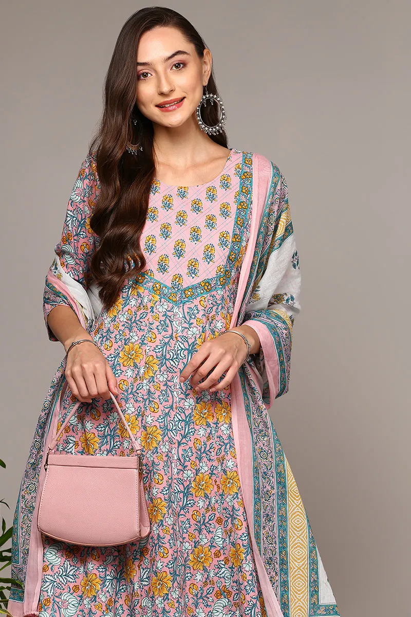 Peach Pure Cotton Printed Flared Suit Set