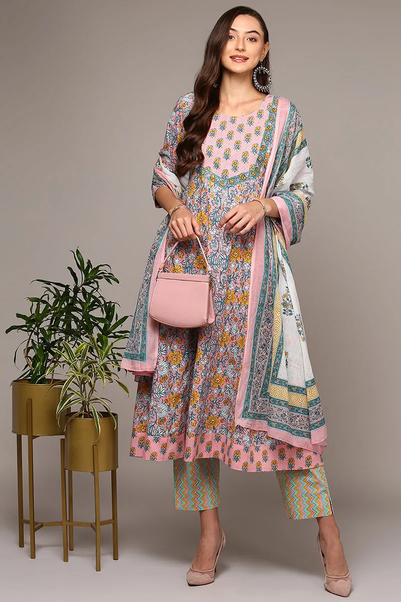 Peach Pure Cotton Printed Flared Suit Set