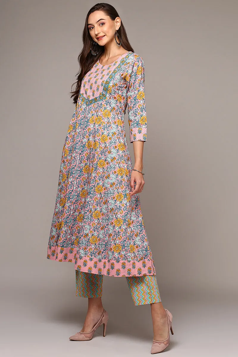 Peach Pure Cotton Printed Flared Suit Set