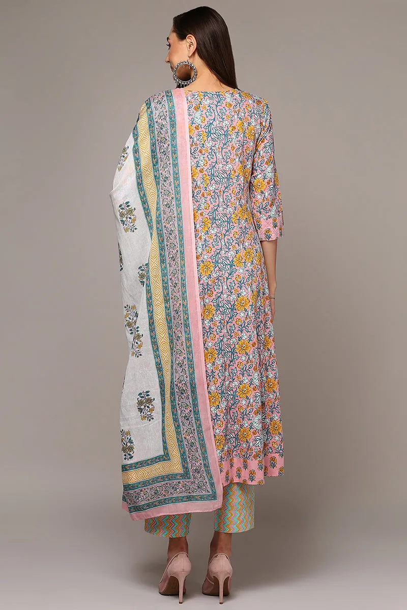 Peach Pure Cotton Printed Flared Suit Set