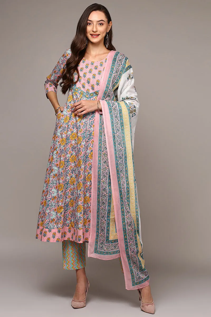 Peach Pure Cotton Printed Flared Suit Set