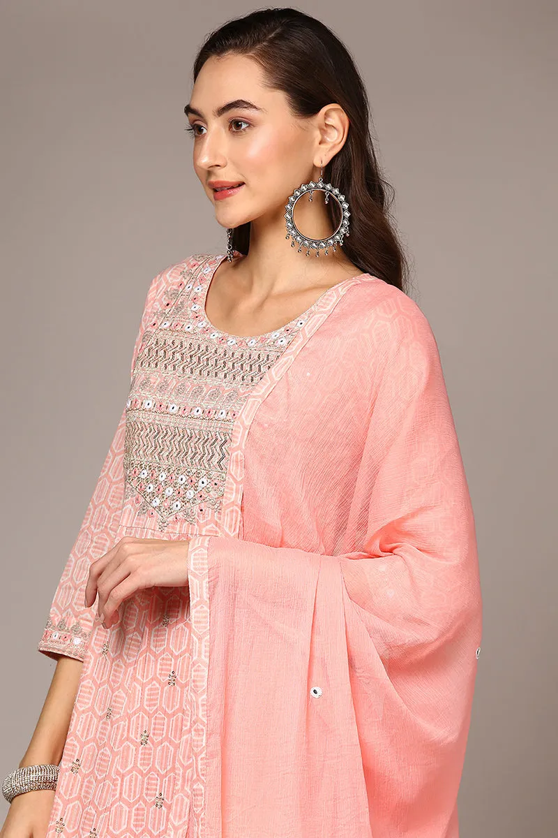 Pink Pure Cotton Embroidered Flared Suit Set