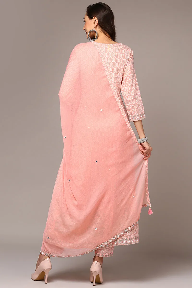 Pink Pure Cotton Embroidered Flared Suit Set