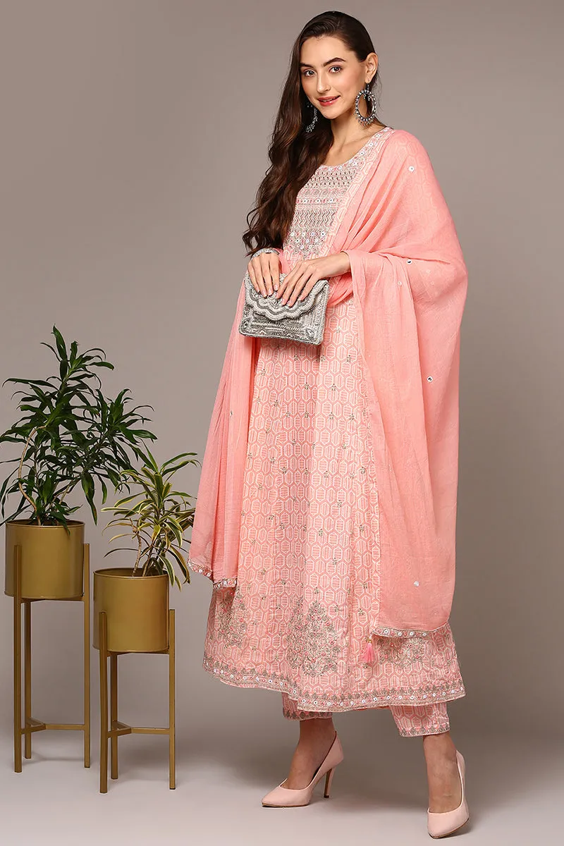 Pink Pure Cotton Embroidered Flared Suit Set