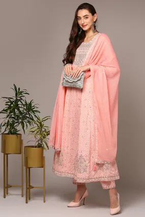 Pink Pure Cotton Embroidered Flared Suit Set