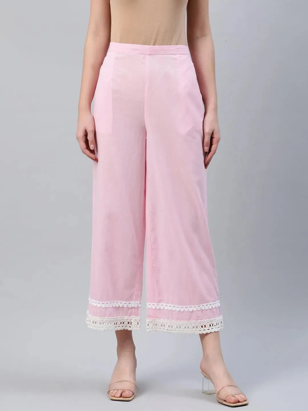 Pink Solid Cotton Palazzos