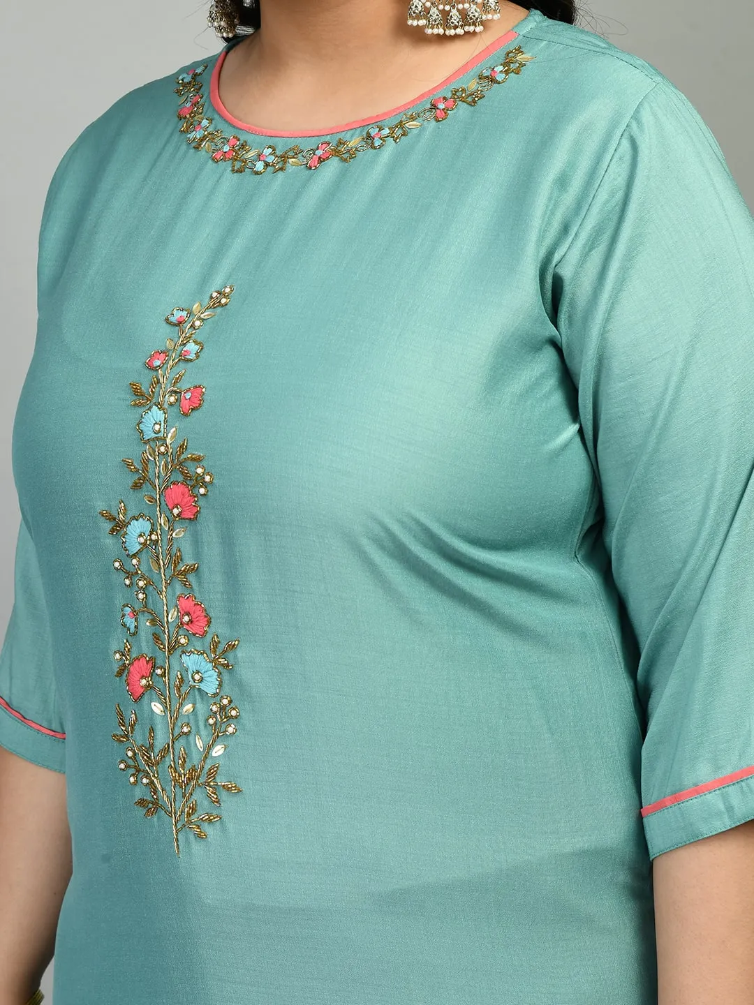 Plus Size Meraki Sea Green Embellished Kurta Set with Dupatta