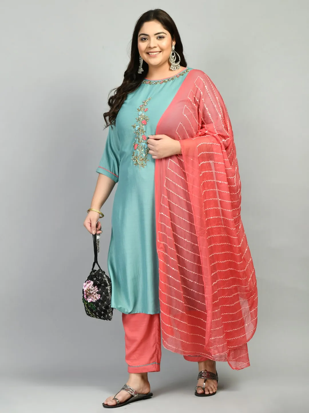 Plus Size Meraki Sea Green Embellished Kurta Set with Dupatta