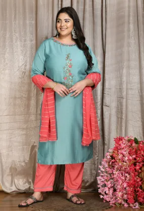 Plus Size Meraki Sea Green Embellished Kurta Set with Dupatta