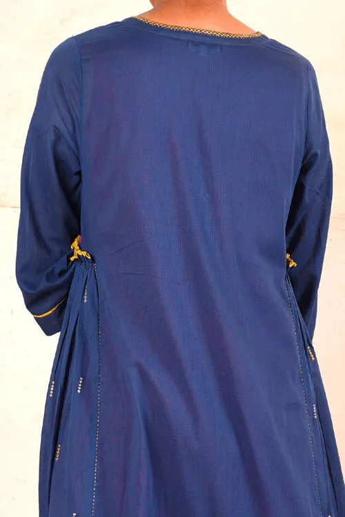 Rangsutra Saheli Double Layer Hand Embroidered Blue Mulmul Cotton Kurta Dress With Printed Pink Slip