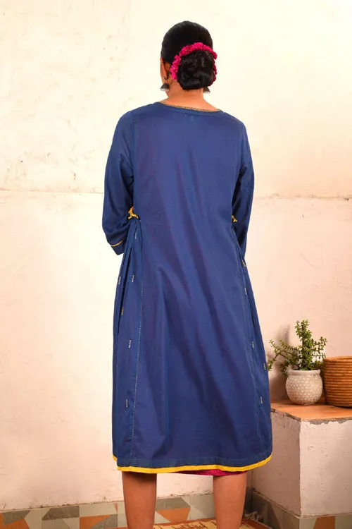 Rangsutra Saheli Double Layer Hand Embroidered Blue Mulmul Cotton Kurta Dress With Printed Pink Slip