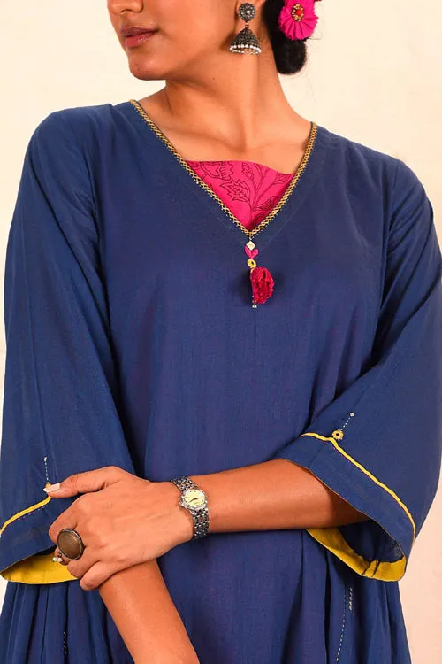 Rangsutra Saheli Double Layer Hand Embroidered Blue Mulmul Cotton Kurta Dress With Printed Pink Slip