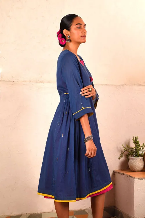 Rangsutra Saheli Double Layer Hand Embroidered Blue Mulmul Cotton Kurta Dress With Printed Pink Slip