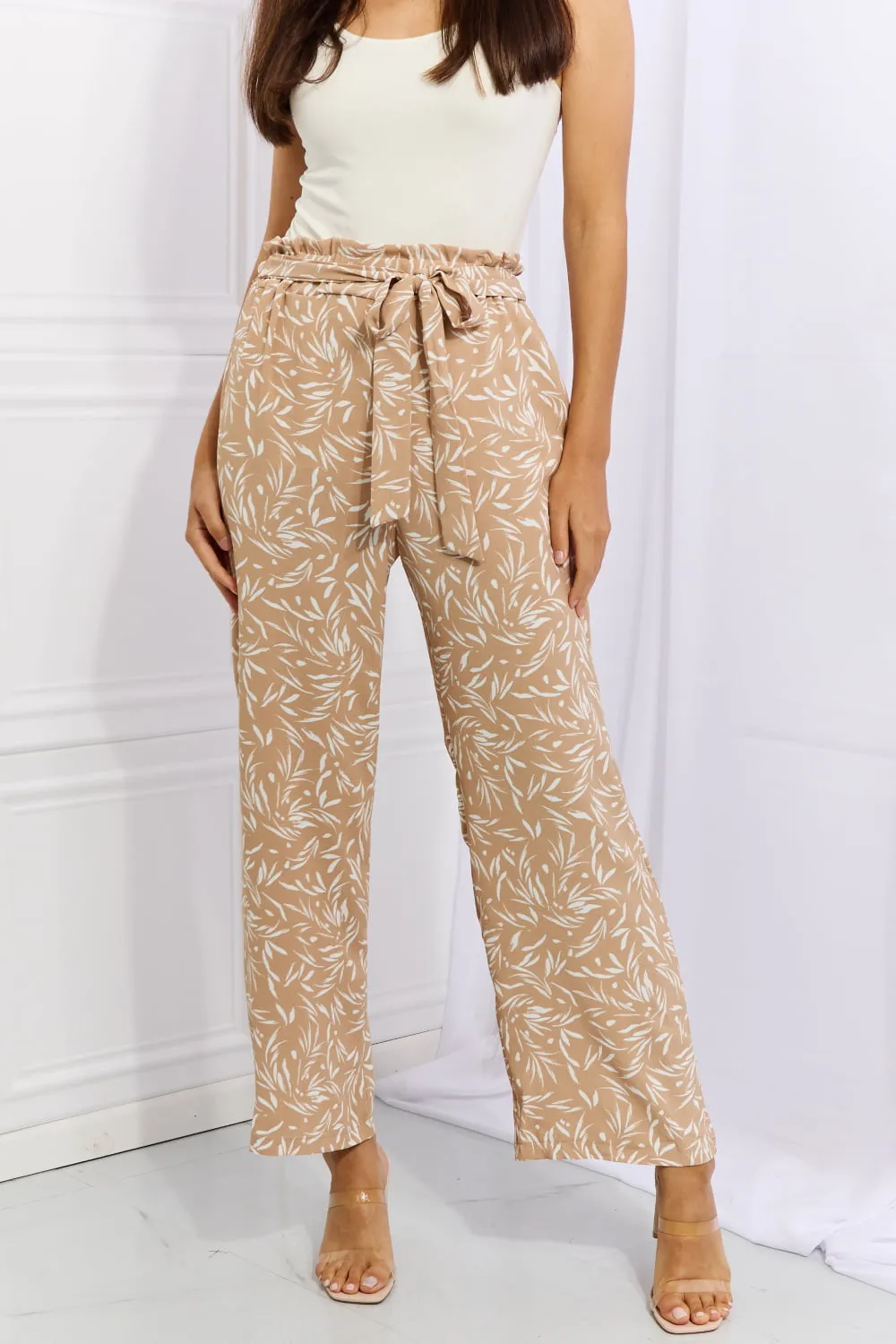 Right Angle Full Size Geometric Printed Pants in Tan