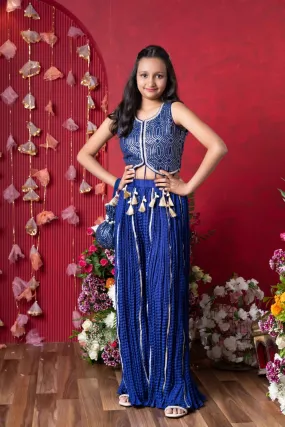 Royal Blue Embroidered Crop Top and Tassel-Adorned Sharara Set with Matching Potli – Perfect for Weddings, Parties, and Festive Celebrations