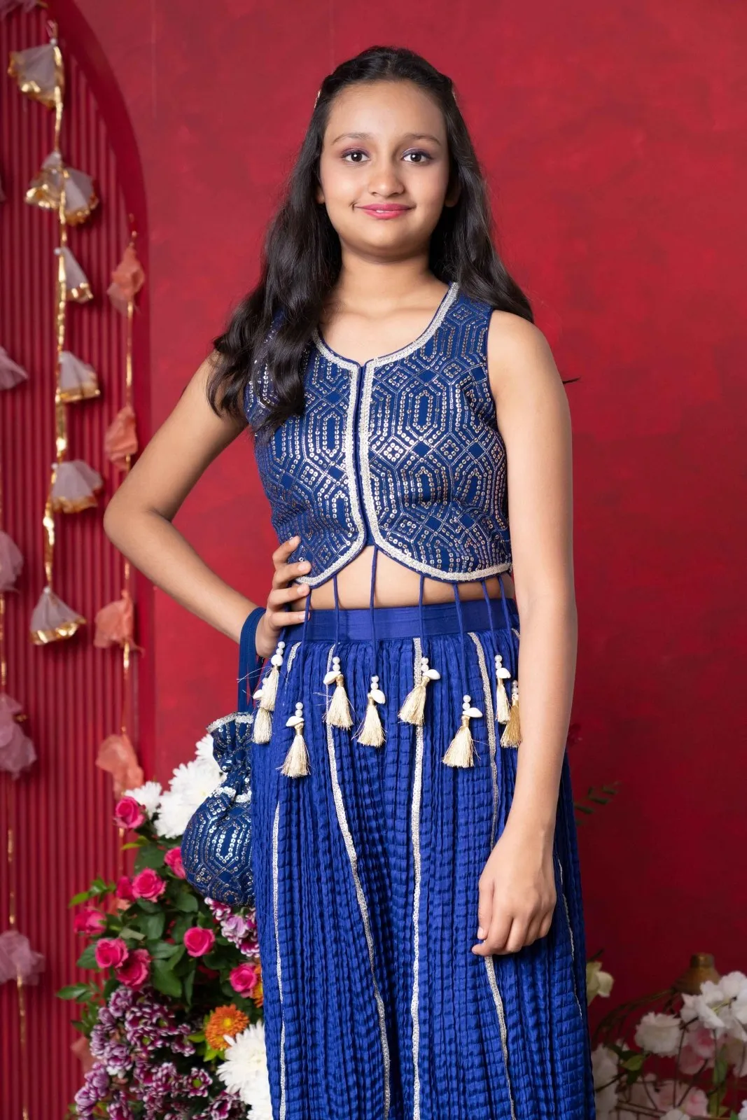 Royal Blue Embroidered Crop Top and Tassel-Adorned Sharara Set with Matching Potli – Perfect for Weddings, Parties, and Festive Celebrations