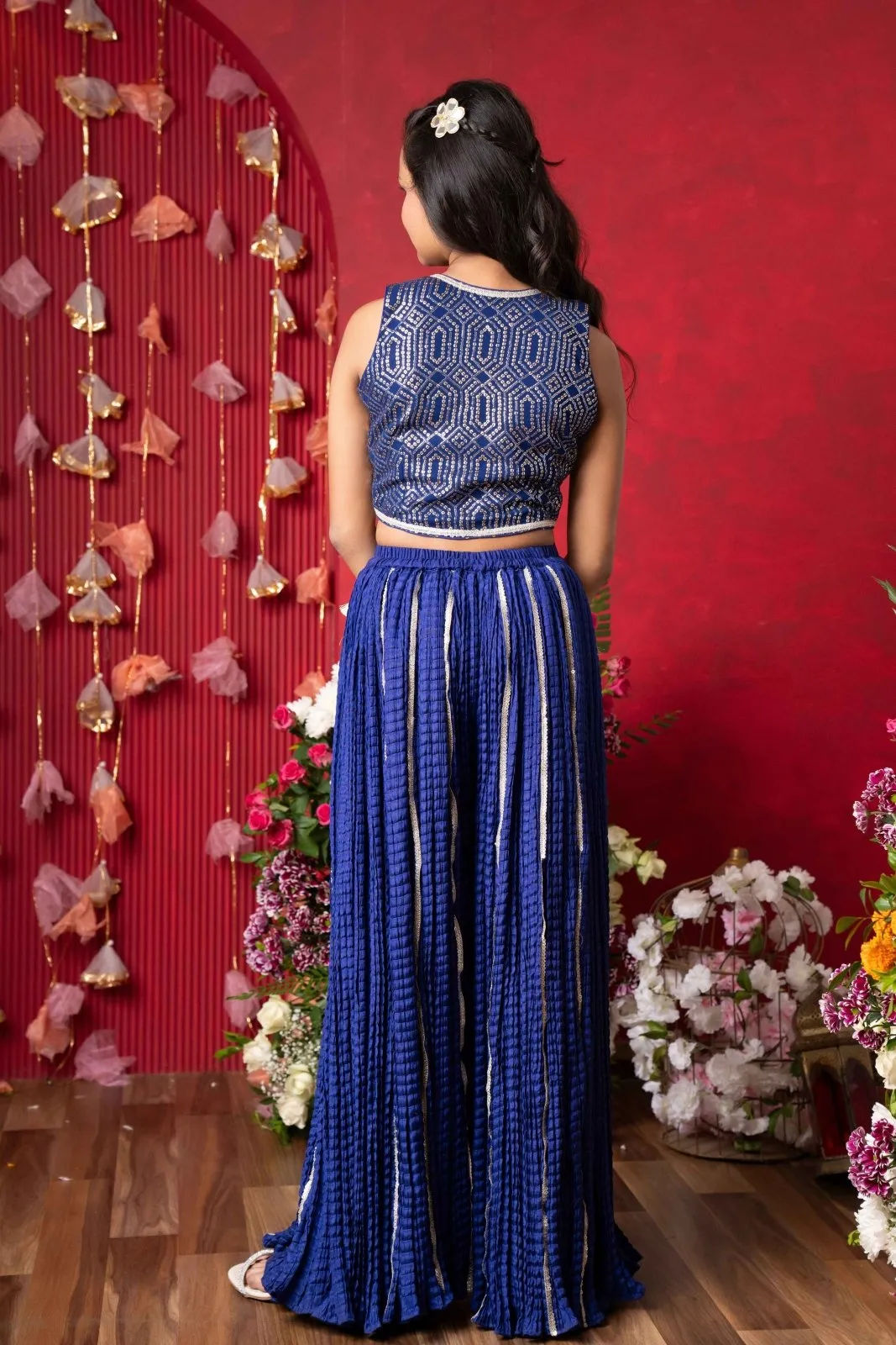 Royal Blue Embroidered Crop Top and Tassel-Adorned Sharara Set with Matching Potli – Perfect for Weddings, Parties, and Festive Celebrations