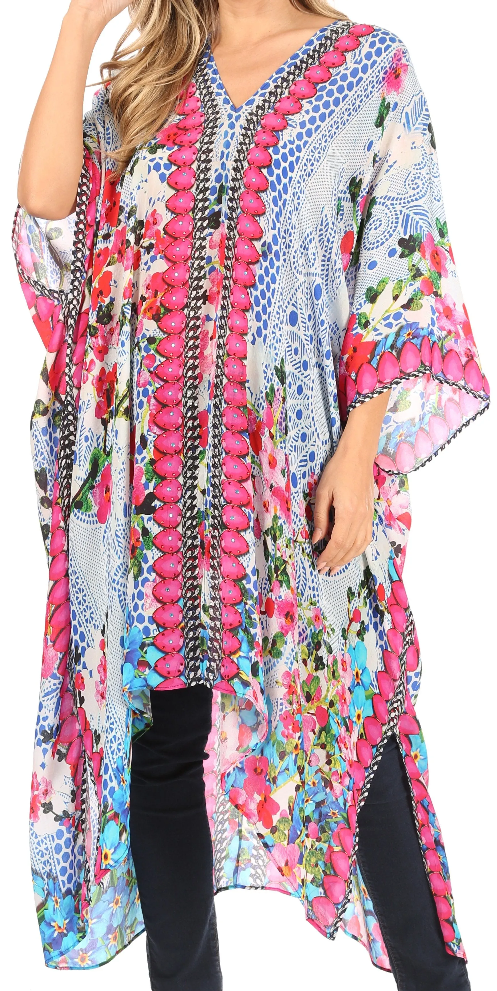 Sakkas Alvita Women's V Neck Beach Dress Top Caftan Cover up with Rhinestones