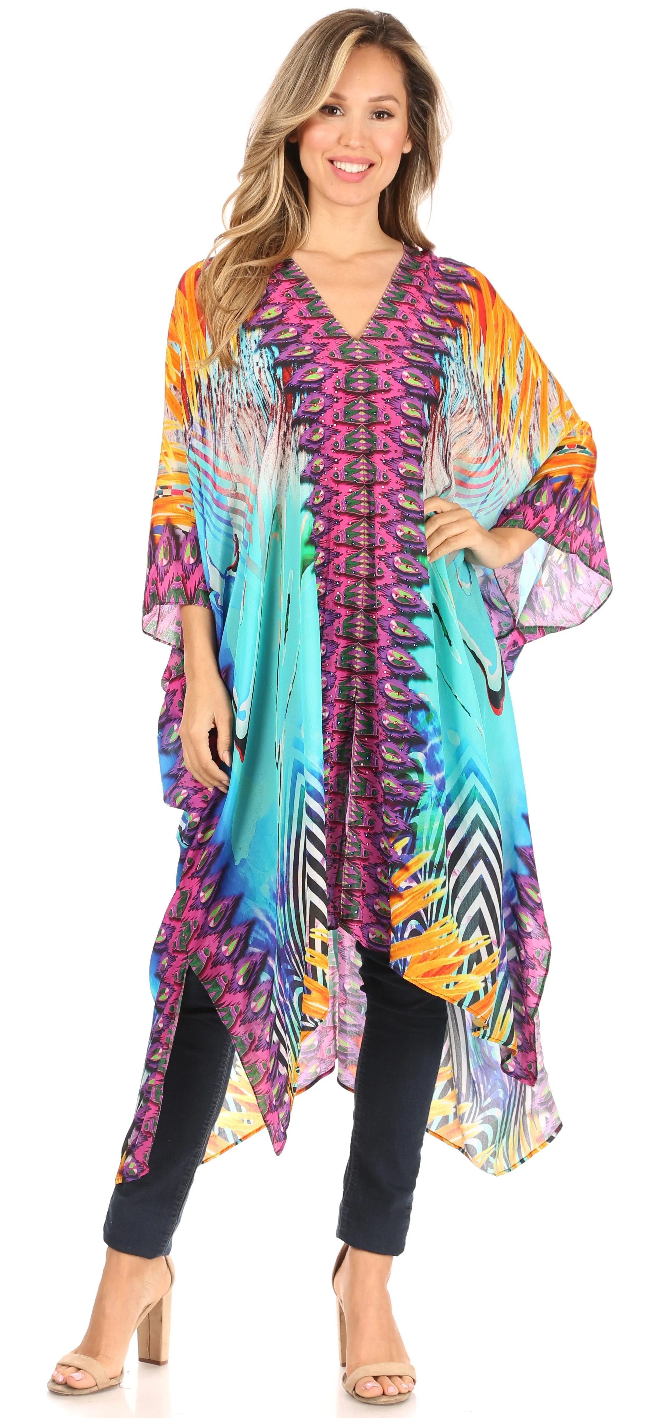 Sakkas Alvita Women's V Neck Beach Dress Top Caftan Cover up with Rhinestones