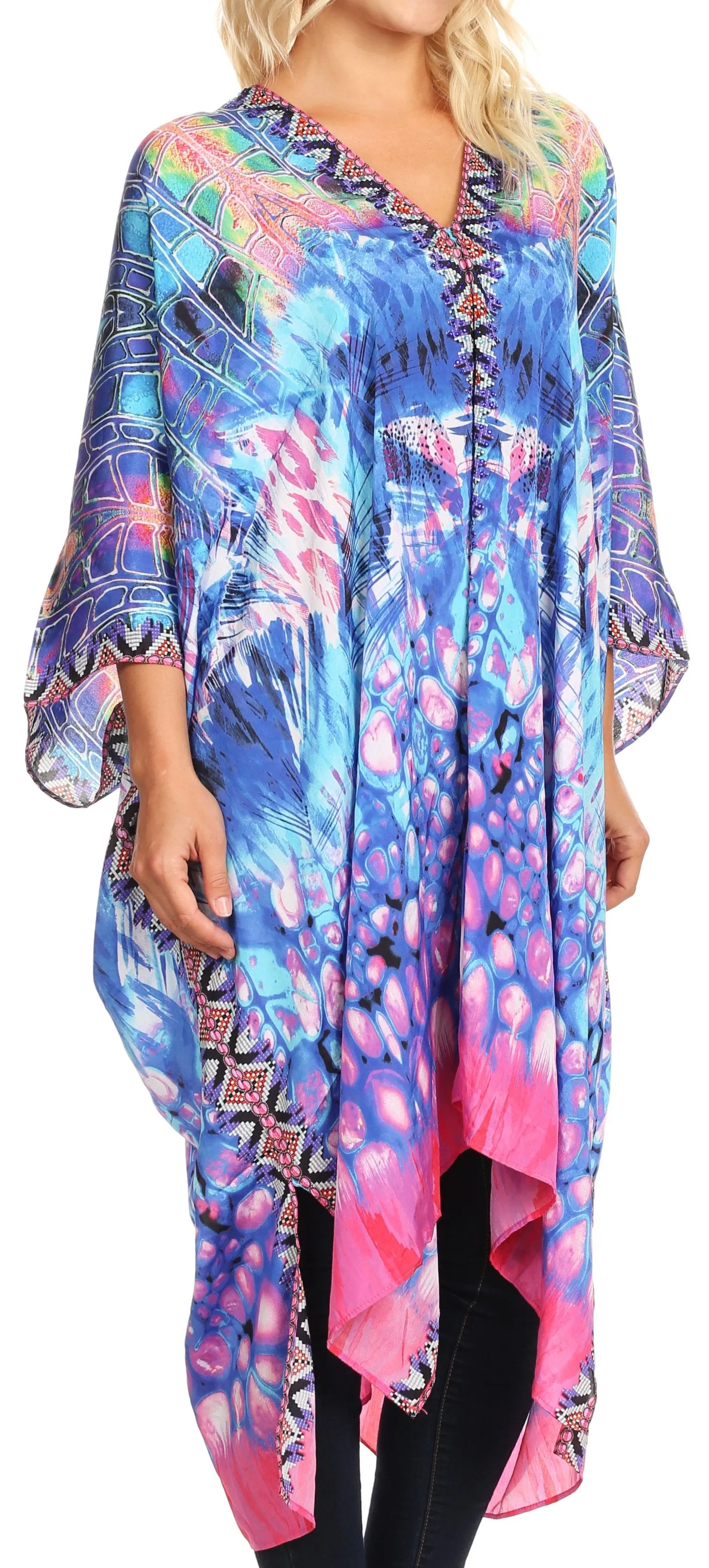 Sakkas Alvita Women's V Neck Beach Dress Top Caftan Cover up with Rhinestones