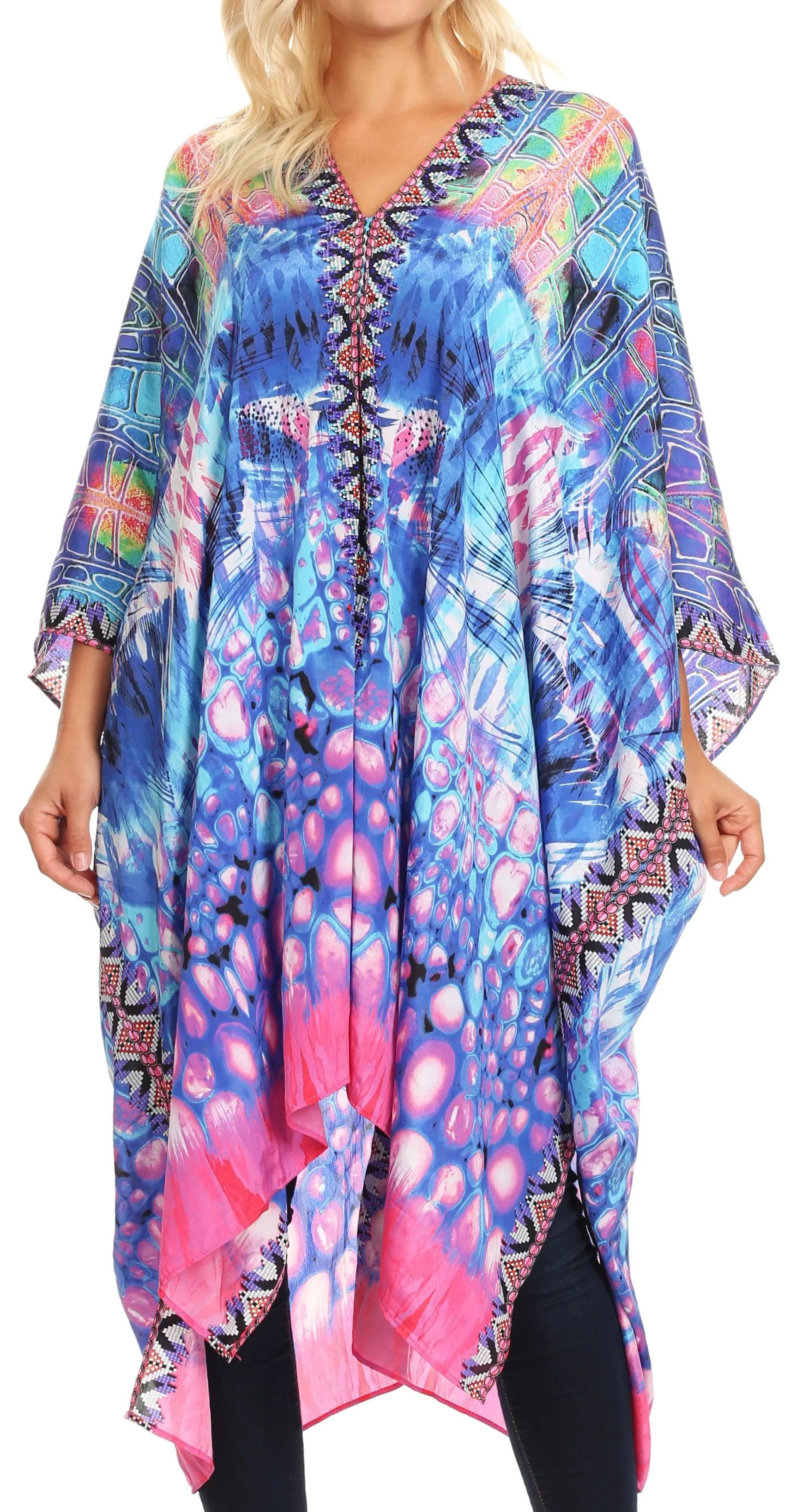 Sakkas Alvita Women's V Neck Beach Dress Top Caftan Cover up with Rhinestones