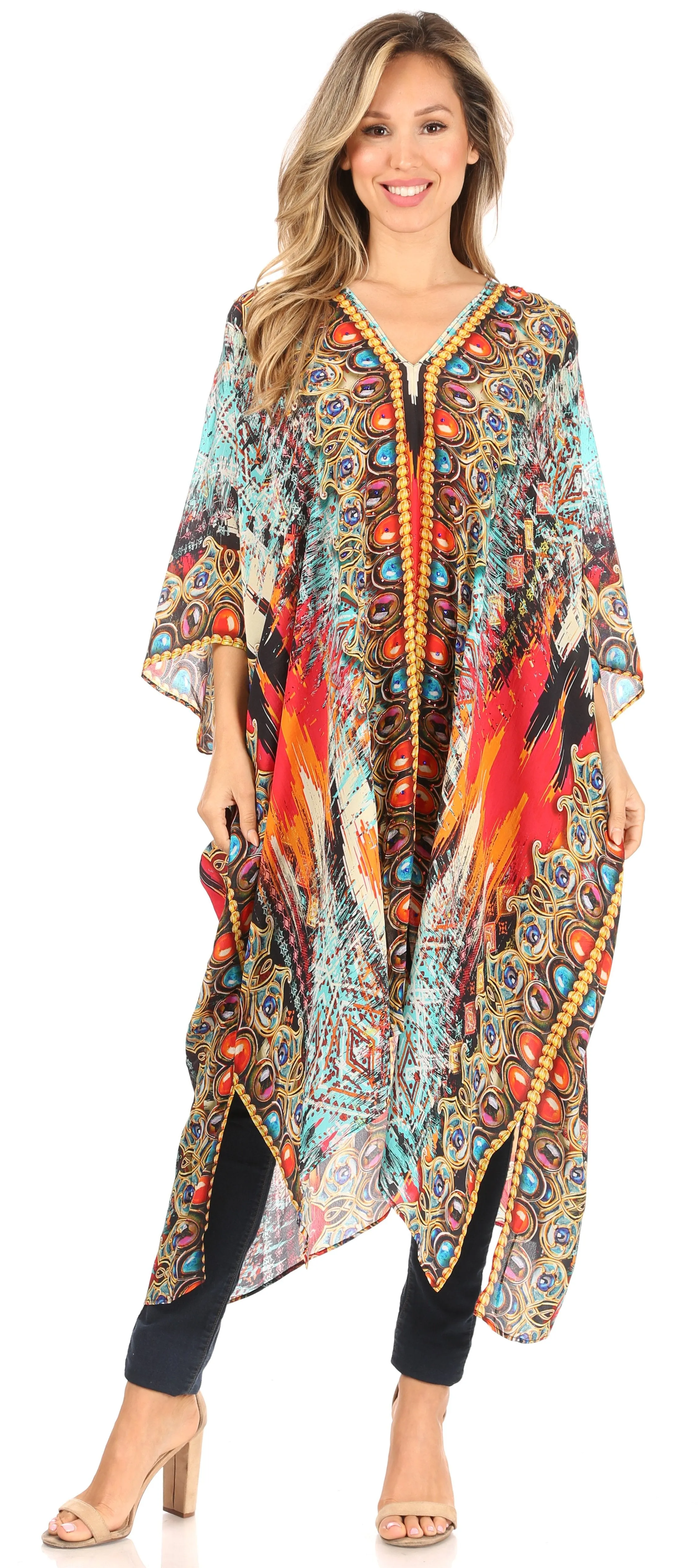 Sakkas Alvita Women's V Neck Beach Dress Top Caftan Cover up with Rhinestones