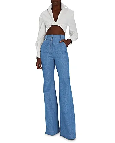 Sergio Hudson, Wide Flared Pant, 16, Medium Wash Denim