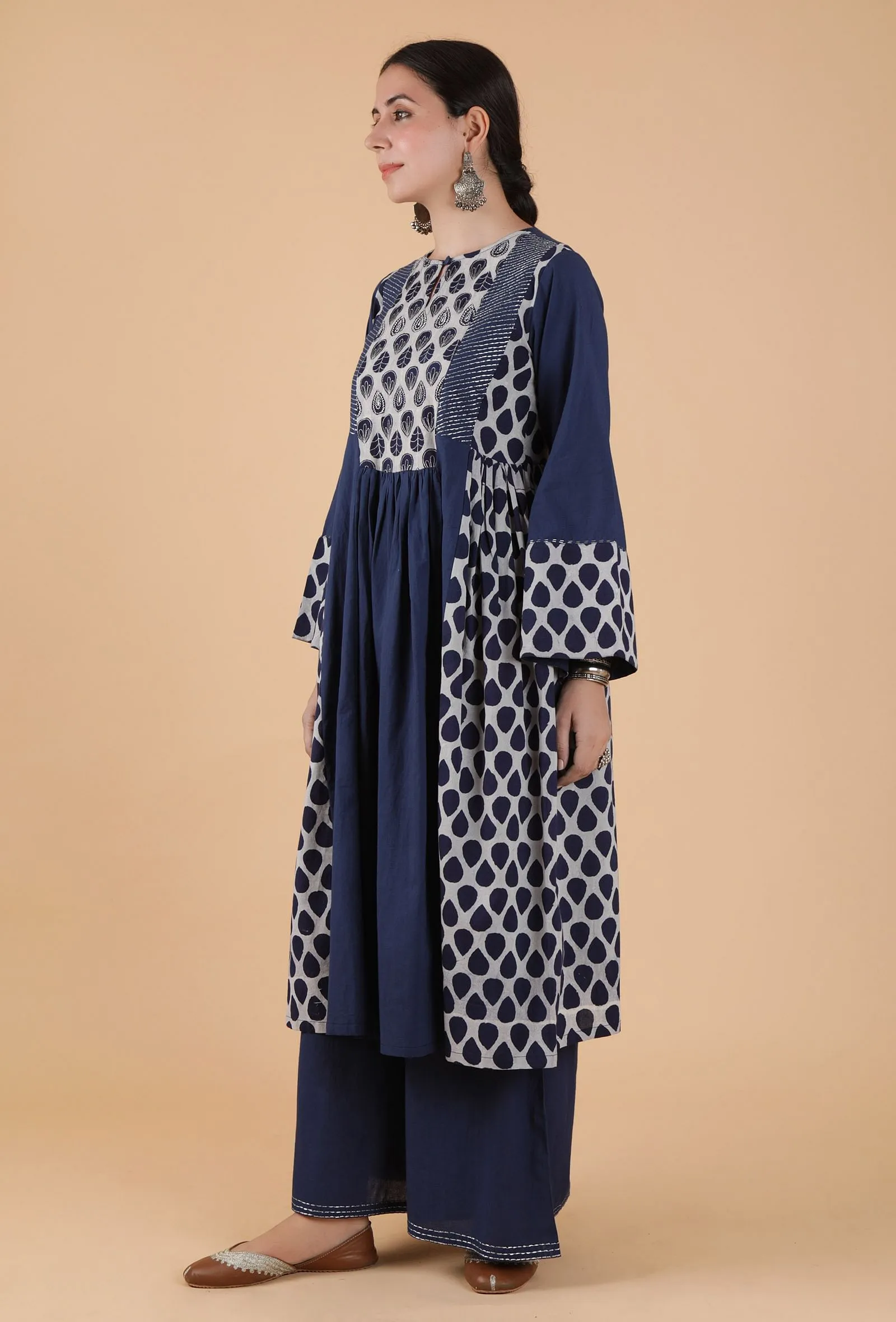 Set Of 2:Ramya Indigo Buta Printed Panelled Gathered Kurta & Palazzo Pants