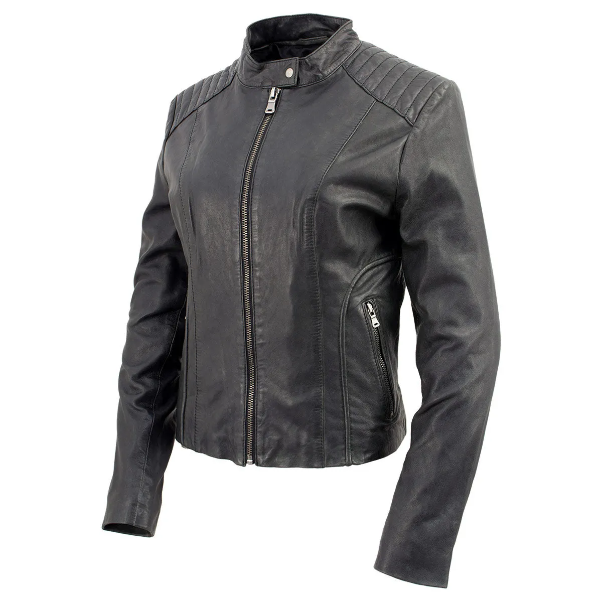 SFL2814 BLACK Women's Leather Motorcycle Style Fashion Jacket