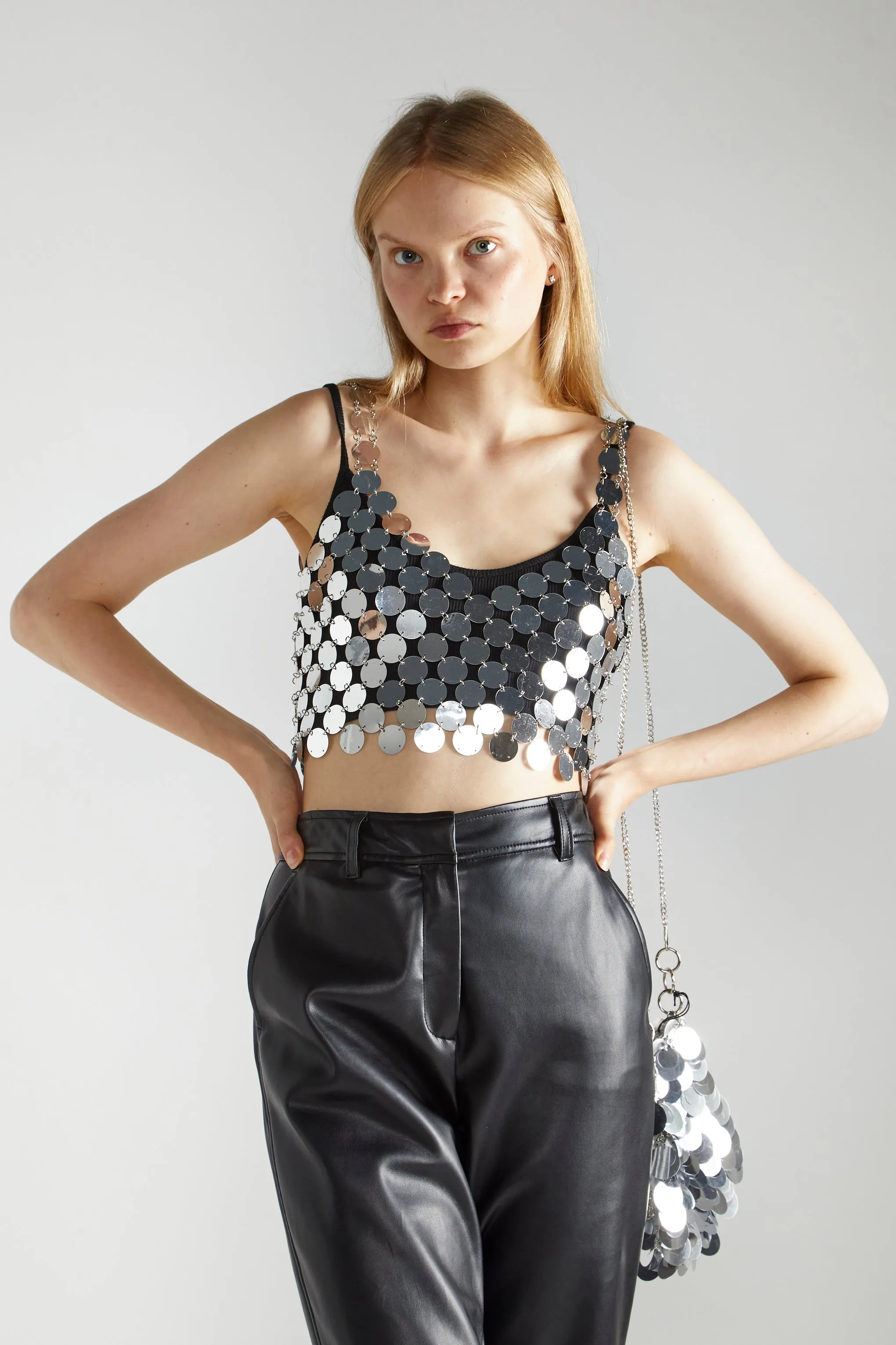 Silver-Disc Chainmail Crop-Top