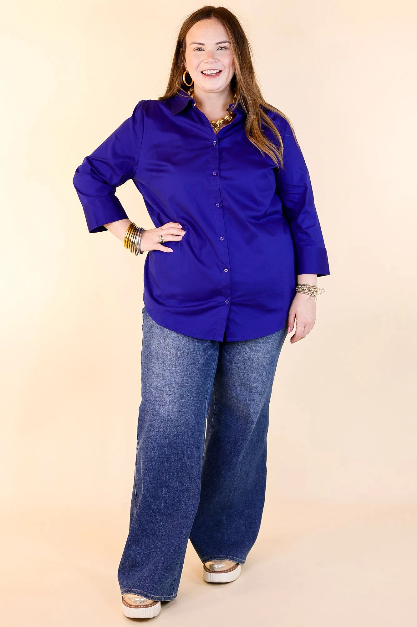 Simply Chic Collared Button Up Top with 3/4 Sleeves in Royal Blue