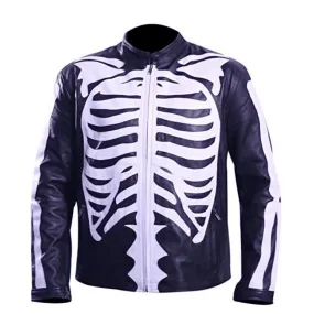 Skeleton Bones White on Black Leather Jacket