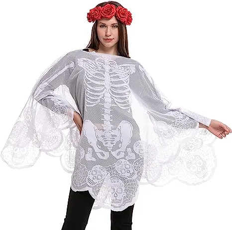 Skeleton Poncho & Red Flower Elastic Headband - Adult