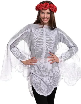 Skeleton Poncho & Red Flower Elastic Headband - Adult