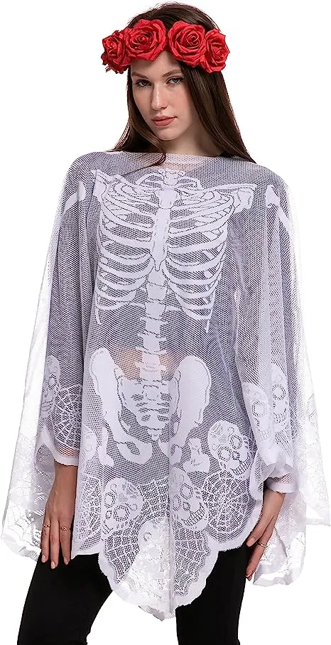 Skeleton Poncho & Red Flower Elastic Headband - Adult