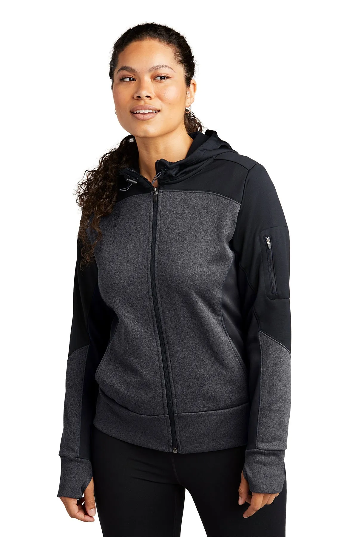 Sport-Tek Ladies Tech Fleece Colorblock Customized Full-Zip Hooded Jackets, Black/ Graphite Heather/ Black