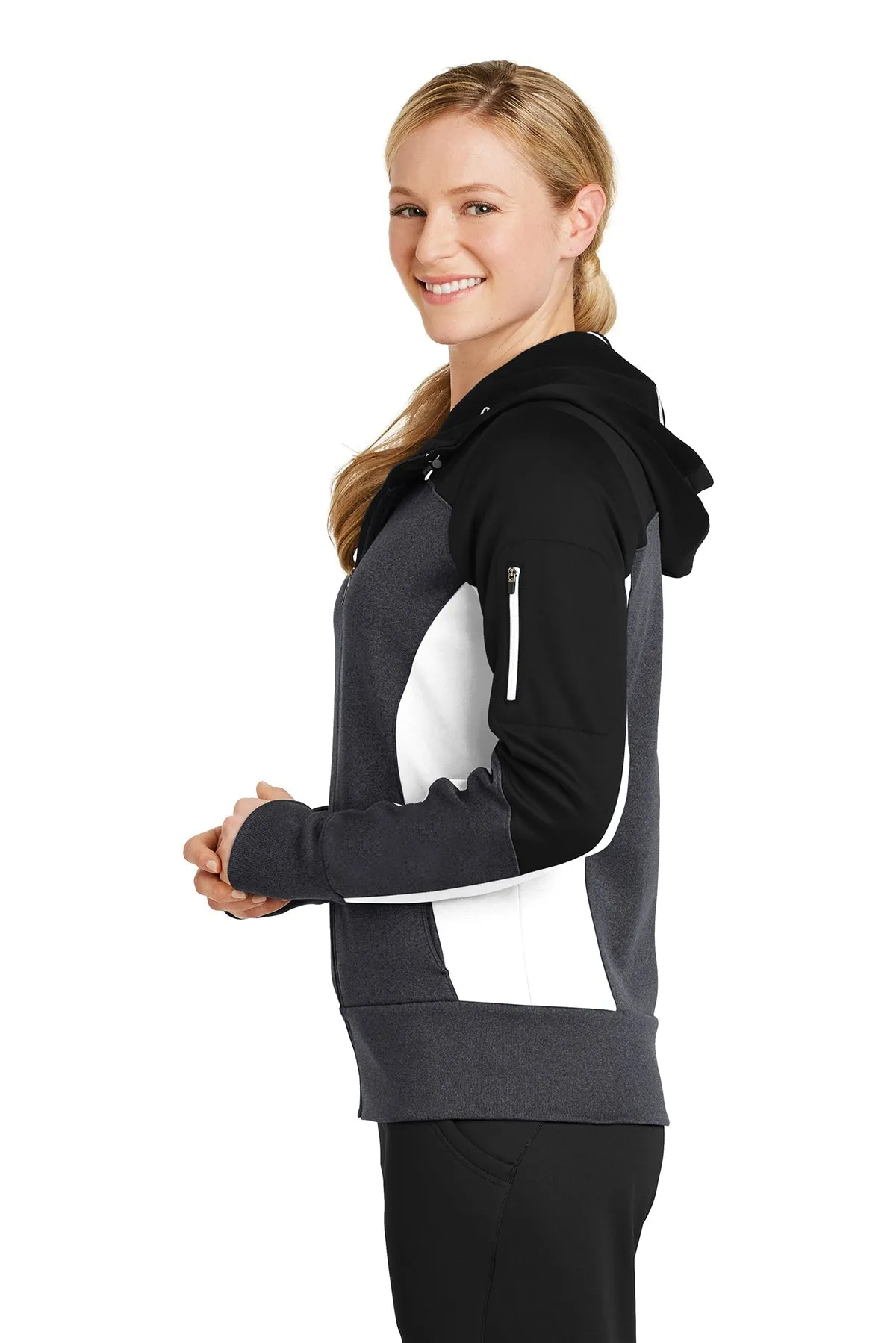 Sport-Tek Ladies Tech Fleece Colorblock Customized Full-Zip Hooded Jackets, Black/ Graphite Heather/ White