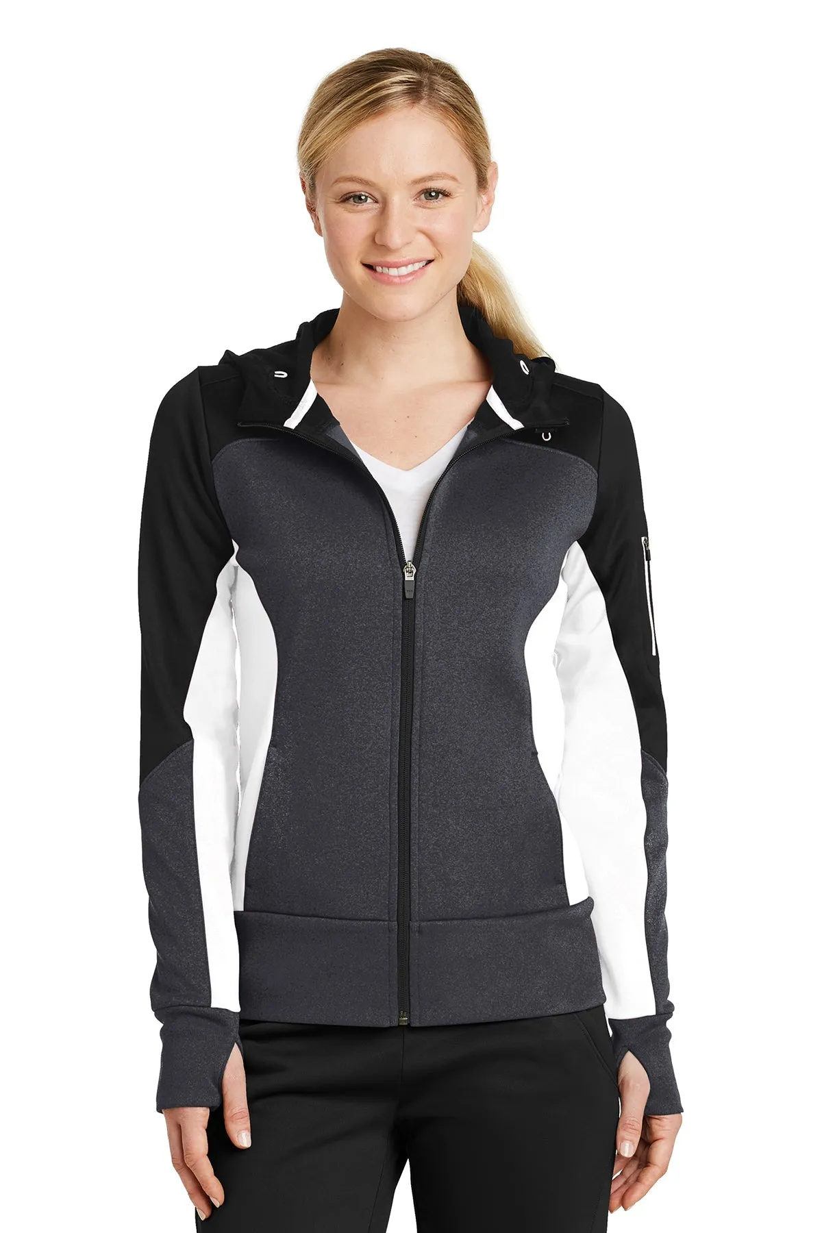 Sport-Tek Ladies Tech Fleece Colorblock Customized Full-Zip Hooded Jackets, Black/ Graphite Heather/ White